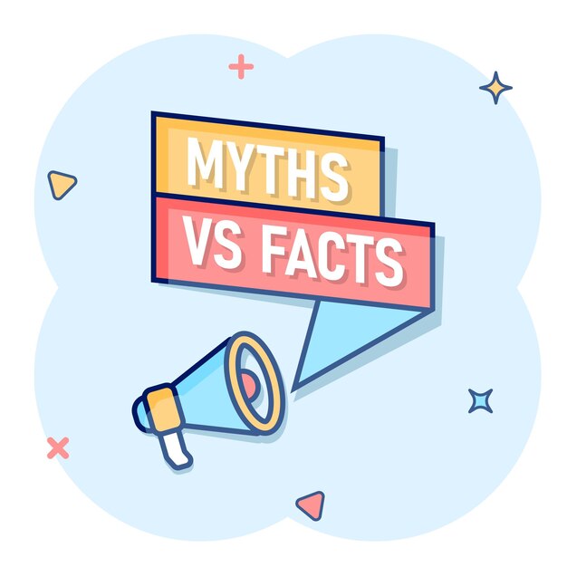 Mitos vs hechos icono de megáfono en estilo cómico Ilustración de vector de dibujos animados de altavoz verdadero o falso sobre fondo blanco aislado Efecto de salpicadura de concepto de negocio de signo de megáfono de comparación