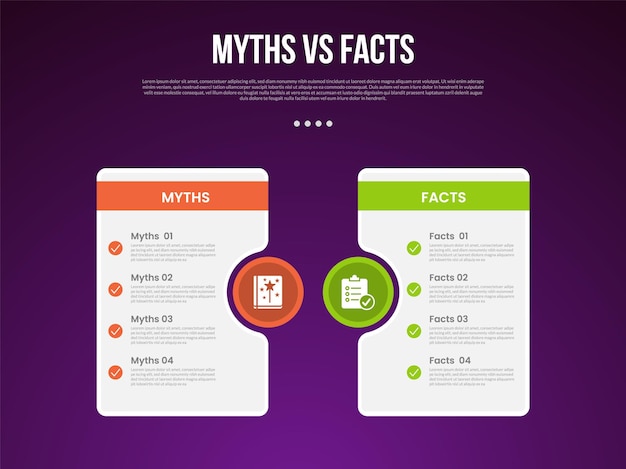 mitos vs hechos infográfico para datos de comparación con grandes accesorios de mesa y círculo con fondo moderno de estilo gradiente oscuro con información de 2 puntos