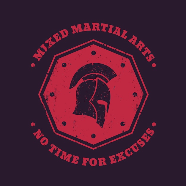 MMA, emblema vintage de artes marciales mixtas, logotipo, estampado con casco espartano en forma de octágono rojo