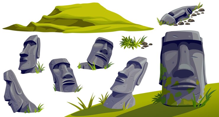 Moai en la isla de Pascua en cueva Esculturas de piedra de dibujos animados vectoriales aislados en la montaña