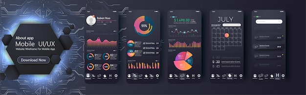 Mobile app infographic template with modern design weekly and annual statistics graphs Pie charts workflow web design UI elements Easy to edit Vector illustration EPS 10
