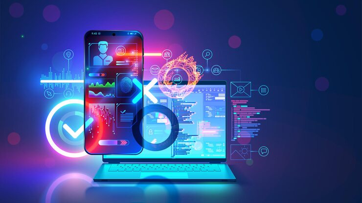 Vector mobile app software develop web design concept web design elements on layout website on screen phone programming mobile internet page website template on laptop computer technology banner
