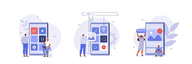 Vector mobile design and development illustration set developers prototyping programming user interface and testing mobile app ui design and user experience concept vector illustration