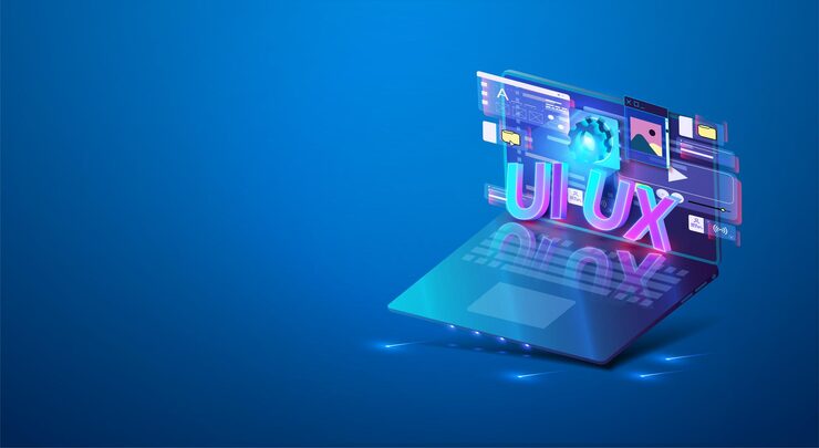 Vector mobile uiux development design concept neon design of mobile applications laptop with interface elements on a blue background innovations and technologies set of tools for creating user interface