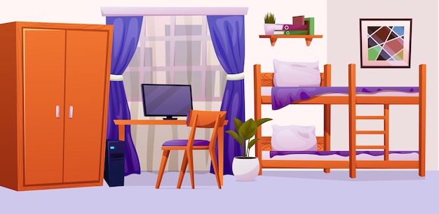 Mobiliario interior de dormitorio para adolescentes y equipos para niños conjunto de dibujos animados vectoriales de habitación para niños o adolescentes