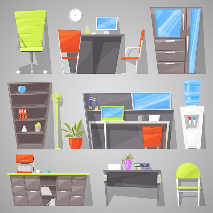 Vector mobiliario de oficina, diseño de muebles de mesa, silla o sillón en el interior amueblado de la ilustración del gabinete de los trabajadores, amueblar la habitación en la casa para estudio o trabajo oficial conjunto aislado en el fondo