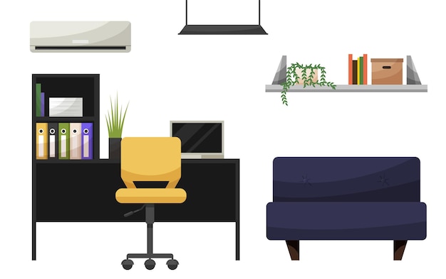 Vector mobiliario de oficina, organizadores y accesorios de muebles de oficina, ilustración vectorial eps