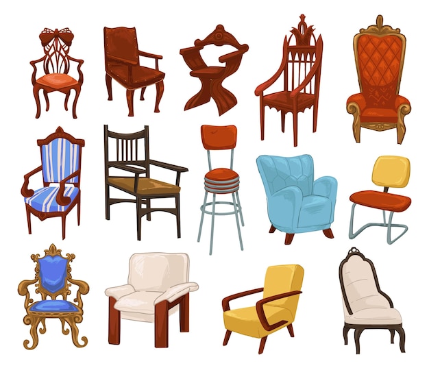 Mobiliario vintage y retro, sillones y sillas aisladas, butacas y taburetes para sentarse. Diseño de madera y tela suave, cómodo sofá acogedor. Decoración clásica para el hogar. Vector en estilo plano