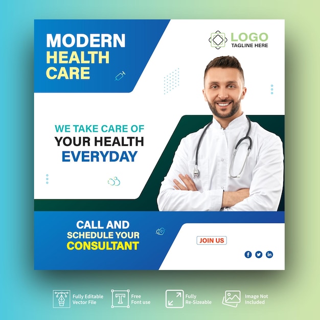 Mocern cuidado de la salud gradiente plantilla de publicación de redes sociales