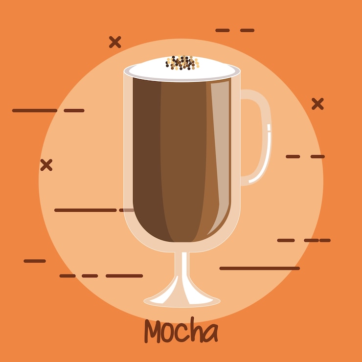 Vector mocha de bebida de café en copa de vidrio transparente