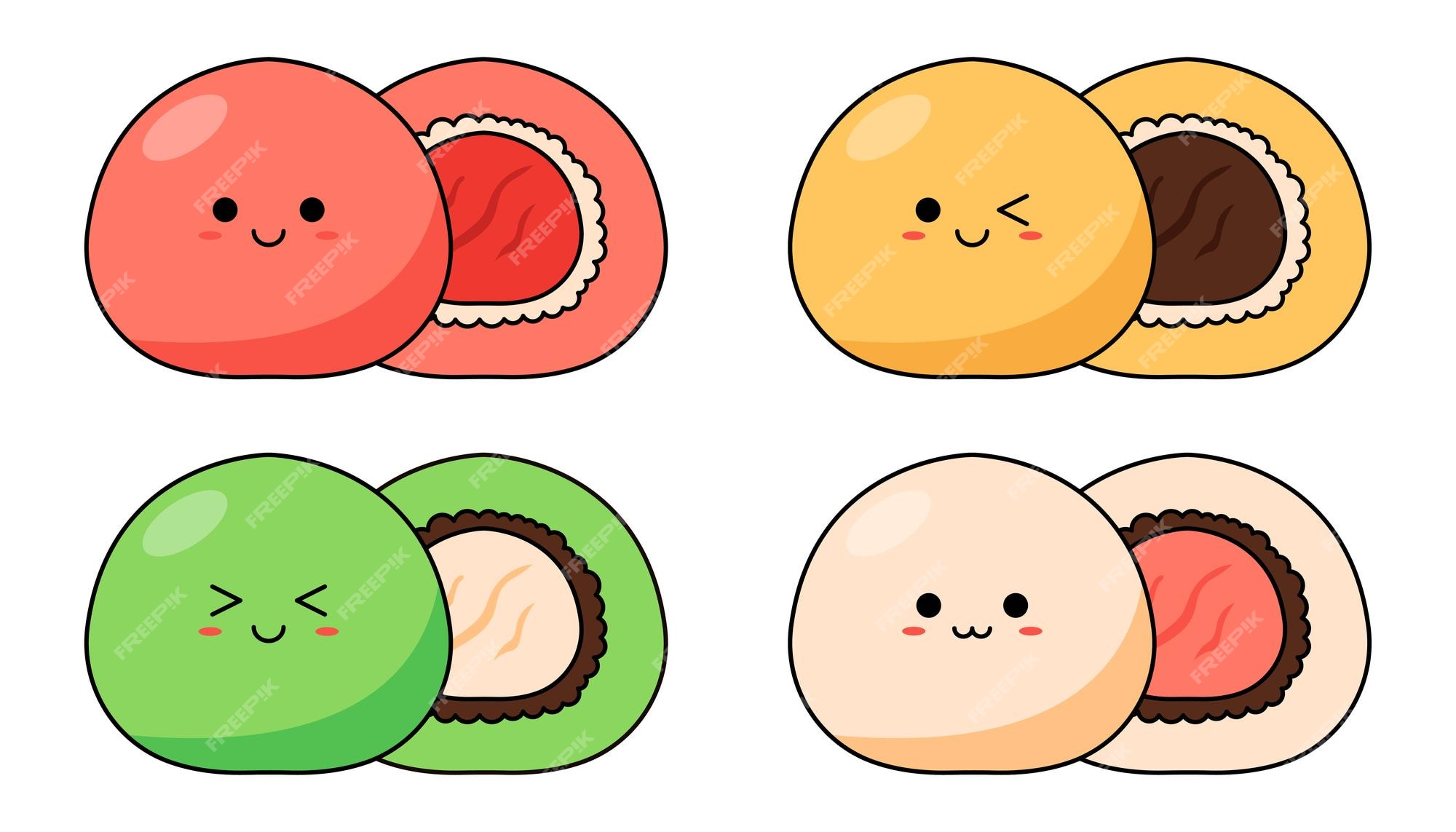 Mochi kawaii con cara sonriente y mejillas rosadas sobre un fondo blanco.  estilo de dibujos animados japoneses. | Vector Premium