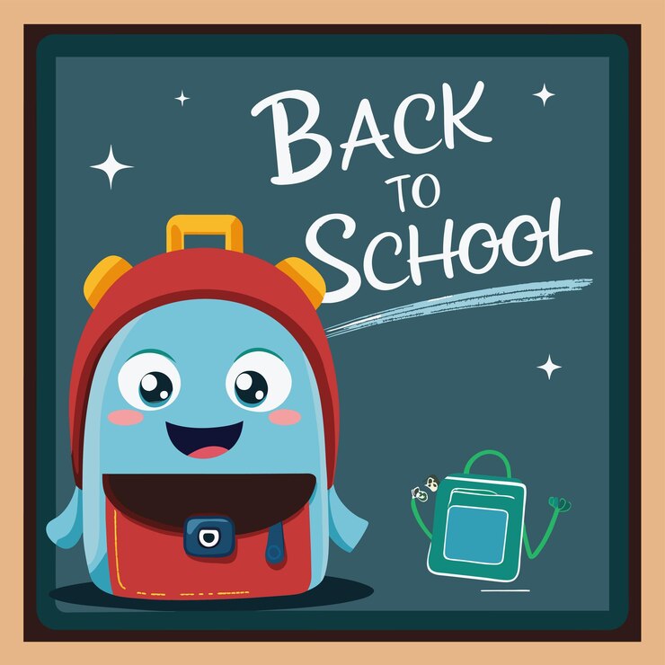 Vector una mochila azul con la espalda a la escuela escrita en ella