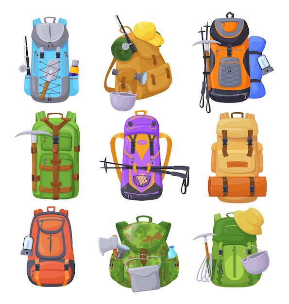 Mochila de campamento de viajero Mochilas de mochilero para acampar escalada de montaña mochila de viaje senderismo viaje turístico equipo de aventura saco de dormir militar ilustración vectorial ordenada