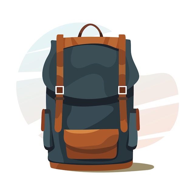 Mochila de camping azul y marrón en estilo plano y de dibujos animados Ilustración vectorial de un maletín retro para viajes y turismo La clásica bolsa deportiva