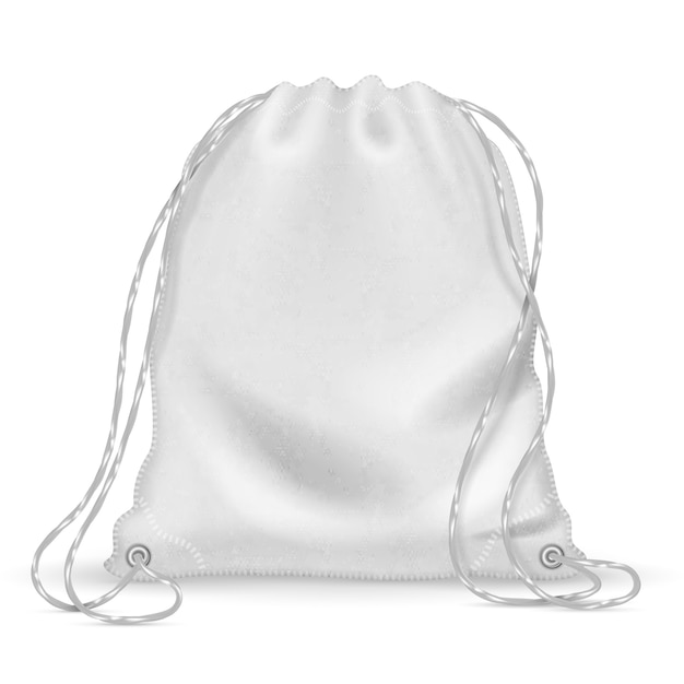 Vector mochila deportiva blanca, bolsa de tela para mochileros con cordones. plantilla de vectores aislados