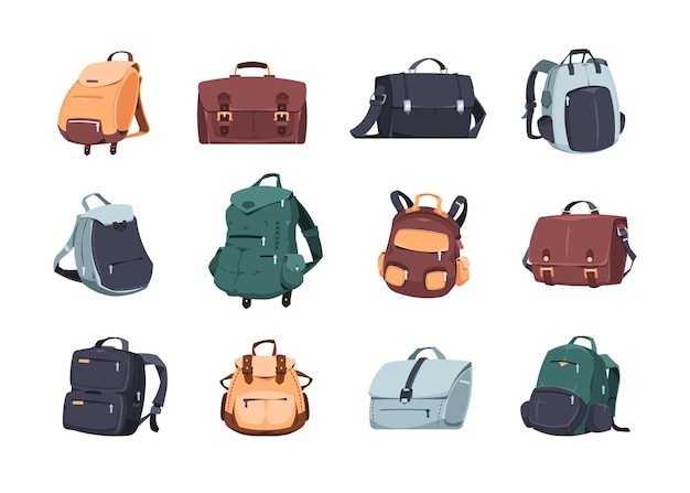 Mochila de dibujos animados Mochilas escolares bolso de cámara y mochila para viajes con computadora portátil y camping mochila de ocio viaje equipaje textil y de cuero Equipaje de viaje objetos aislados conjunto de vectores de accesorios de moda