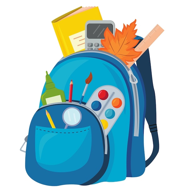 Mochila de dibujos animados con suministros escolares y calculadora vectorial imprimible