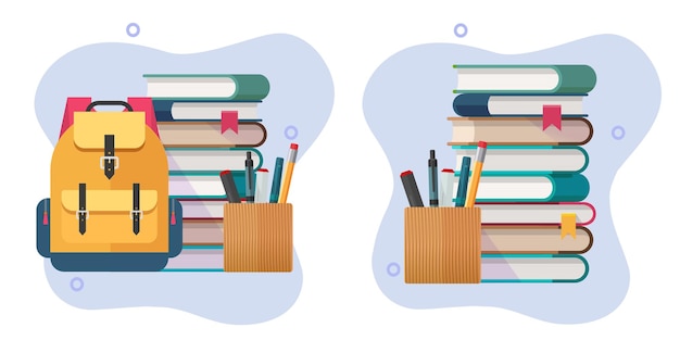 Mochila escolar con bolígrafos, lápices, libros, icono, estudio gráfico, aprendizaje, mochila negra