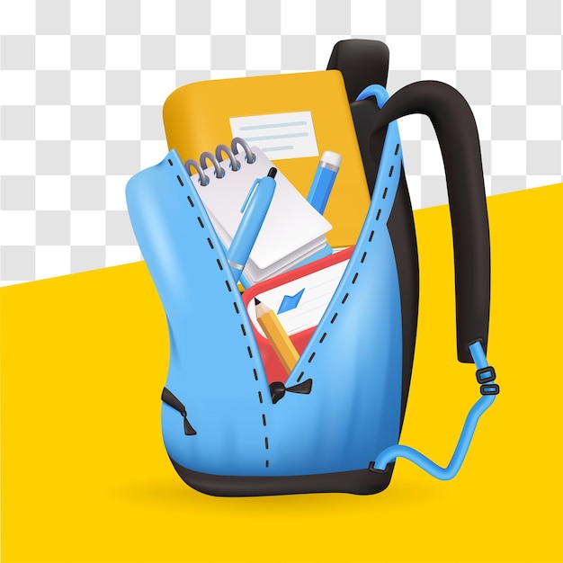 Vector mochila escolar de educación con lápices, libros, libretas, aprendizaje de iconos 3d para aprender