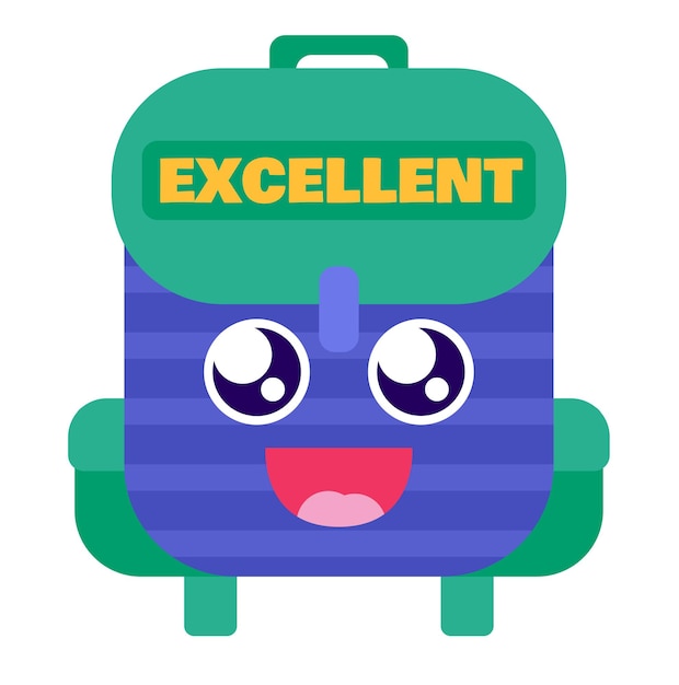 Mochila escolar excelente vector de etiqueta de recompensa. divertida bolsa de felicidad con lindos ojos y sonrisa para llevar y guardar libros y cuadernos. ilustración de dibujos animados plana de mochila riendo