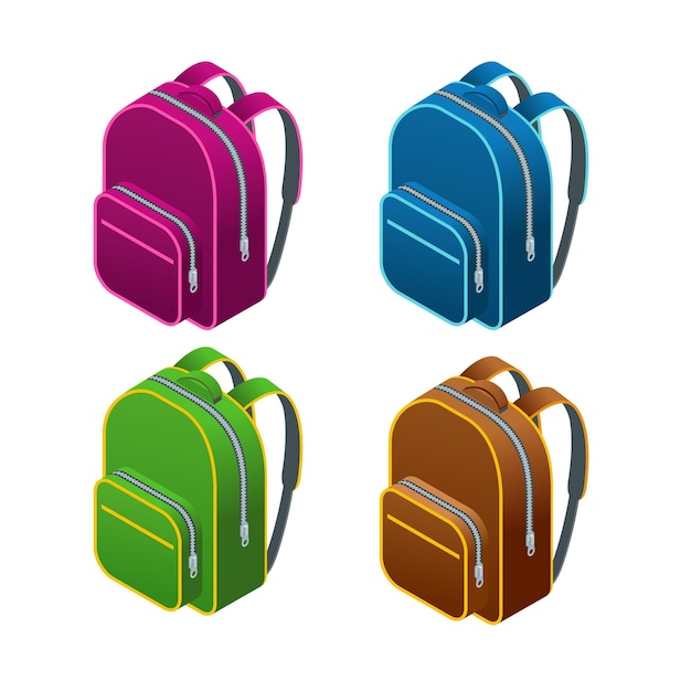 Mochila escolar isométrica. Aislado sobre fondo blanco.