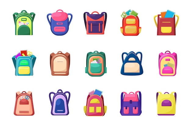 Mochila escolar mochilas escolares completas para niños y estudiantes bolsas de estudio mochilas coloridas vista frontal mochilas de dibujos animados con accesorios de papelería y libros de texto conjunto de carteras vectoriales