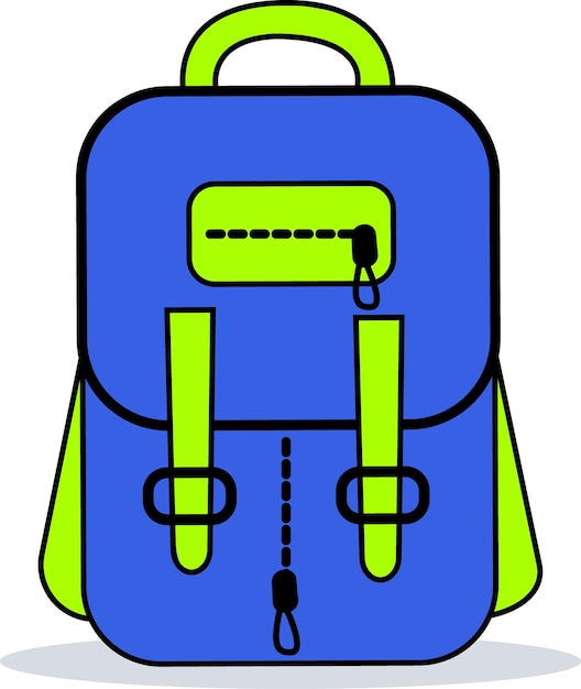 Una mochila escolar o de viaje, dibujada a mano en colores brillantes. Ilustración de útiles escolares. Vector