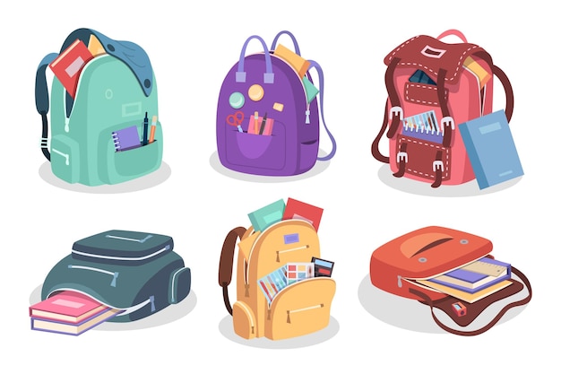 Vector mochila escolar paquetes y contenedores para estudiantes y alumnos suministros para la educación ilustraciones vectoriales exactas en estilo de dibujos animados mochila escolar y diseño de mochila para estudiantes