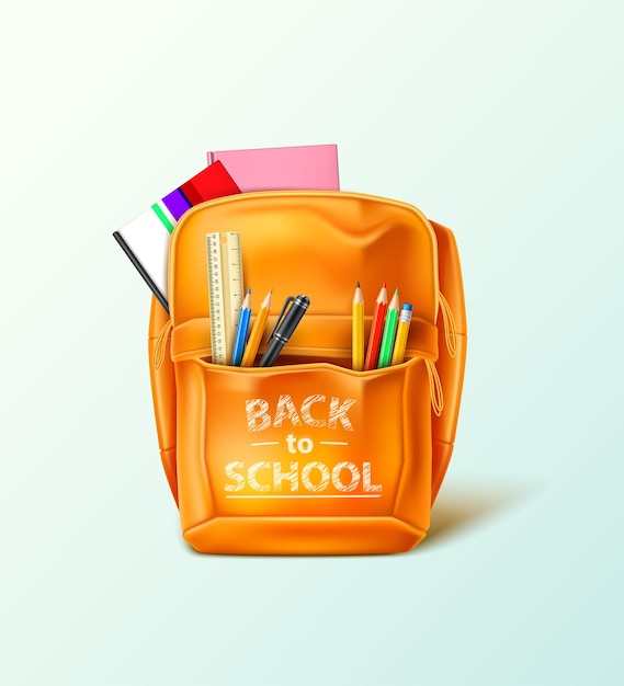 Mochila escolar realista con papelería.