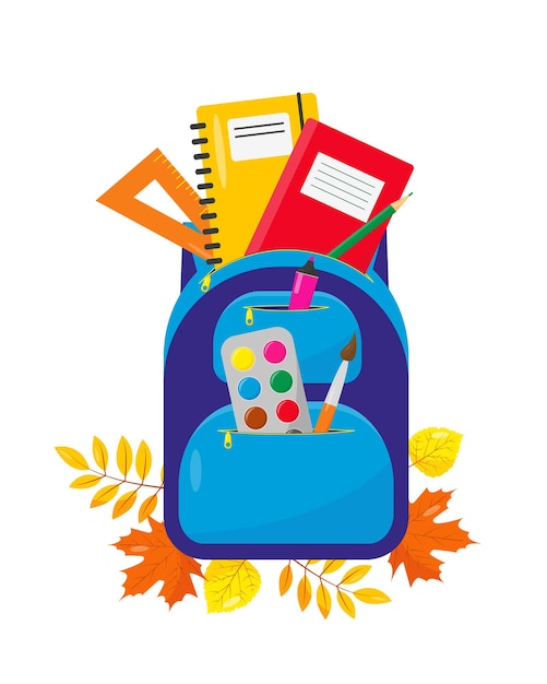Mochila escolar con suppliens, regreso a la escuela, concepto de otoño, equipo educativo o de oficina.