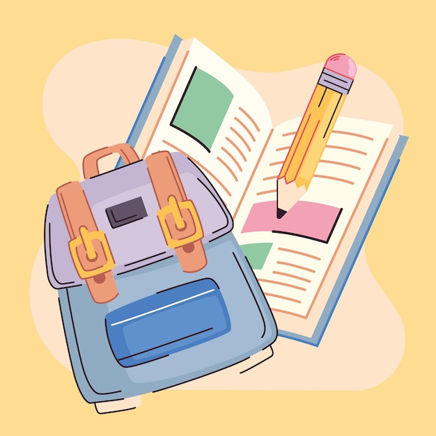 Mochila y libro con lápiz.