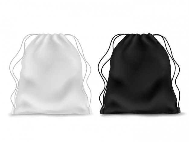 Vector mochila realista. mochila en blanco blanco negro. bolsa de deporte, mochila escolar escolar, paquete de accesorios de bolsa con cuerdas.