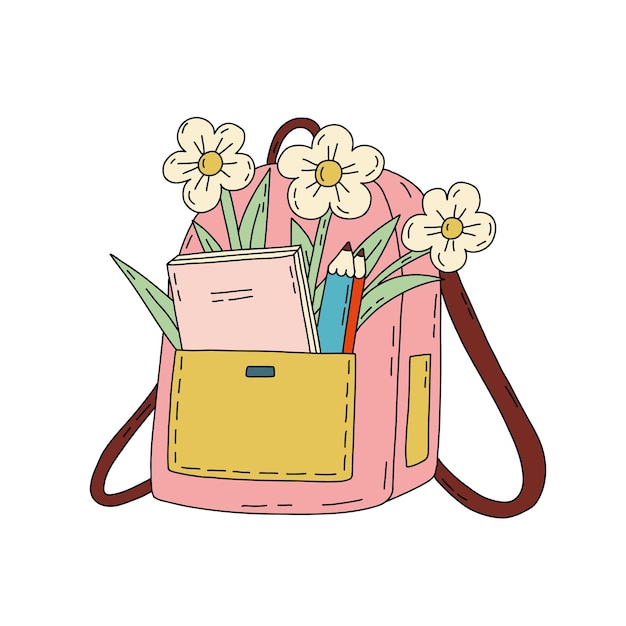 Mochila de regreso a la escuela con útiles escolares y flores ilustración plana dibujada a mano en color