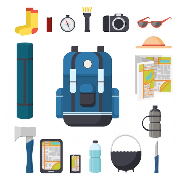 Mochila turistica. Gran mochila de marcha con un conjunto de cosas turísticas para viajar. Cosas para viajar con una mochila: almohadilla, hacha, gadgets, brújula, linterna, cámara.