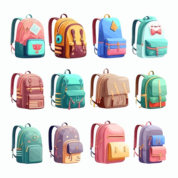 Mochilas escolares aisladas en la ilustración de vector de dibujos animados de fondo