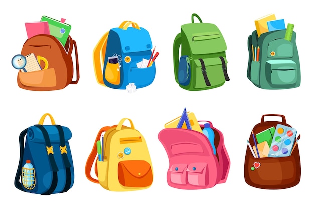 Mochilas escolares establecer elementos gráficos en diseño plano ilustración vectorial