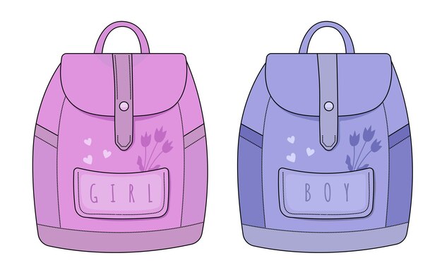 Mochilas de niño y niña en colores azul y rosa.