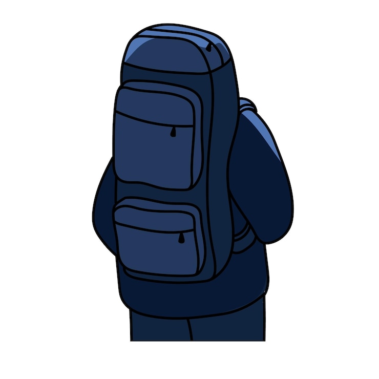 Vector mochilero en la parte posterior de la noche vista trasera turista con una gran bolsa enorme mochila equipaje de la parte trasera extraño con equipaje durante la reubicación ilustración vectorial plana aislada en fondo blanco