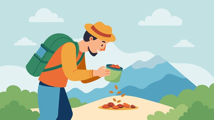 Vector un mochilero que vierte cuidadosamente un puñado de nueces mezcladas en un pequeño recipiente como un peso ligero sin embargo