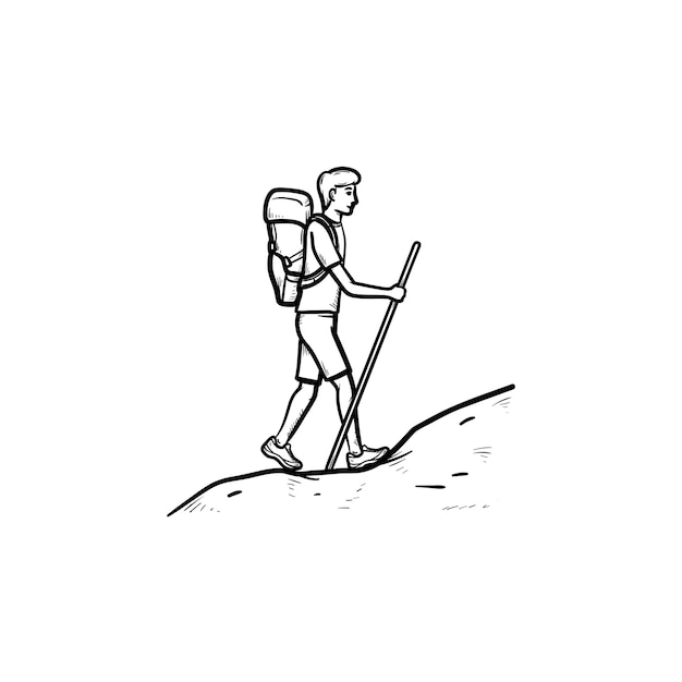 Mochilero turístico escalada icono de doodle de contorno dibujado a mano. Caminante y explorador, concepto de viaje y mochila. Ilustración de dibujo vectorial para impresión, web, móvil e infografía sobre fondo blanco.