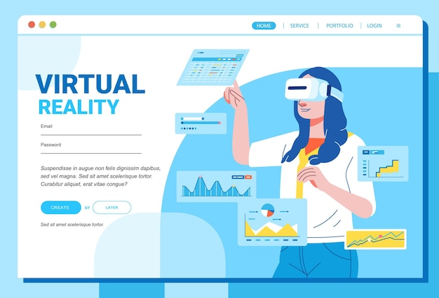 Mock up diseño sitio web concepto de diseño plano plataforma de realidad virtual La chica con gafas VR organiza gráficos y gráficos Ilustración vectorial