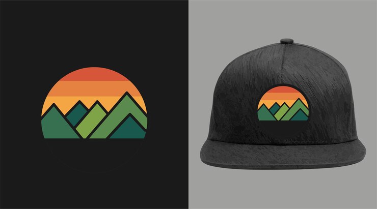 Vector mock up snap back dad sombrero de béisbol con insignia diseño de logotipo de aventura al aire libre en monolín