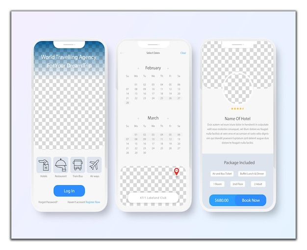 Mockup de aplicación de viajes móviles para reservar hoteles, vuelos y transporte