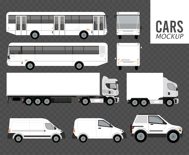 Mockup de color blanco vehículos de grupo de automóviles en fondo gris