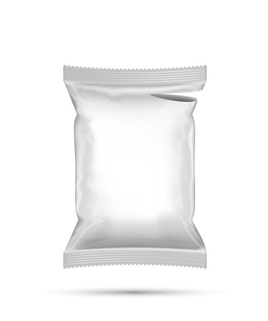 Vector mockup de embalaje de alimentos en bolsa de papel de plástico abierta en blanco