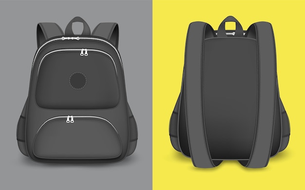 Mockup mockup set vector ilustración aislada realista mochila escolar negra mochila con cremallera han ...