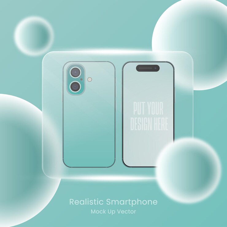 Vector mockup premium de iphone 16 con gradiente verde menta y vidrio esmaltado de glassmorphism