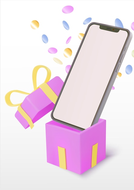 Mockup de smartphone con caja dorada y confeti de colores