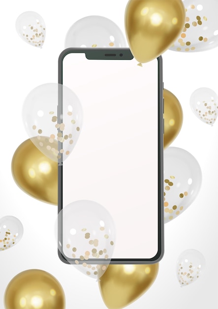 Mockup de smartphone con globos dorados de lujo