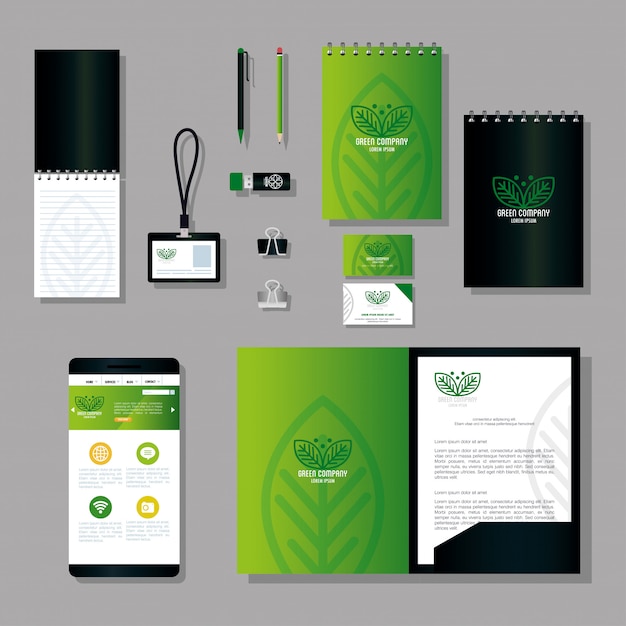 Mockup suministra papelería color verde con hojas de letrero, identidad corporativa verde